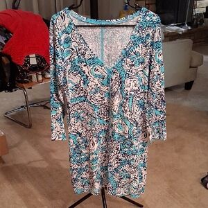 Lilly Pulitzer Turquoise, Navy & White Floral-Print Midi Dress